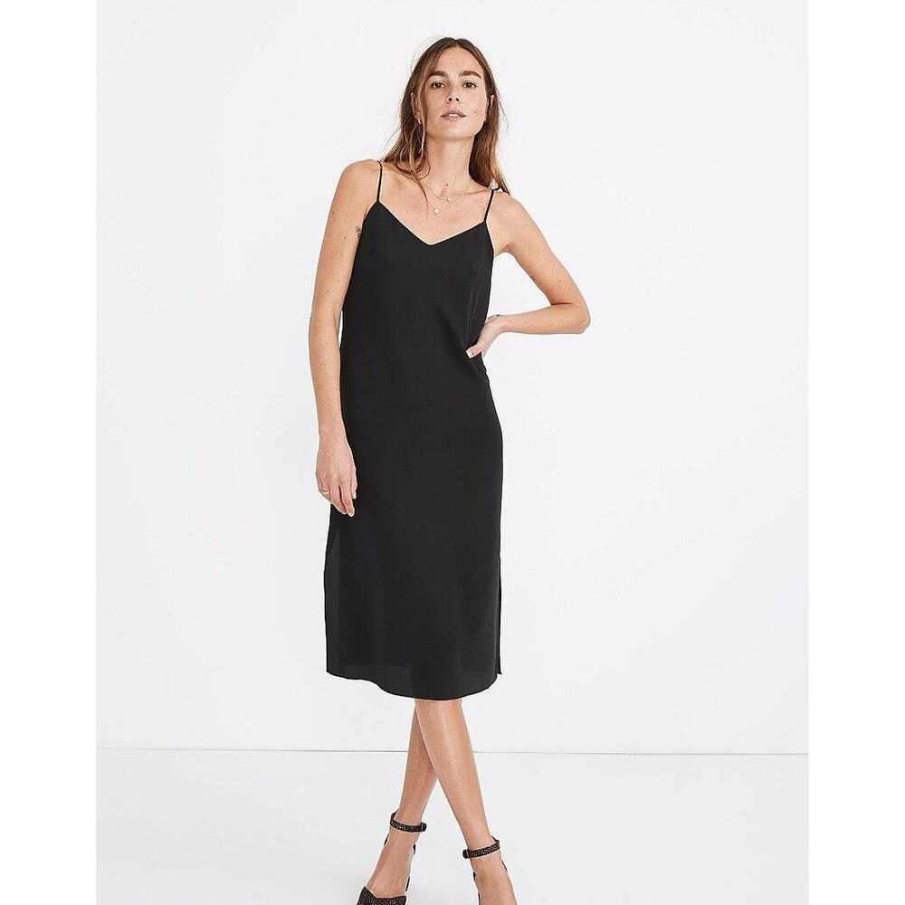 Madewell Silk Eva Side-Slit Slip Dress in Black Washable Silk